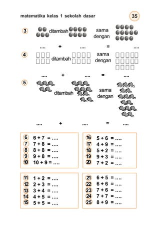 matematika kelas 1 sekolah dasar 35
.... + .... = ....
6 + 7 = ….
7 + 8 = ….
8 + 8 = ….
9 + 8 = ….
10 + 9 = ….
1 + 2 = ….
2 + 3 = ….
3 + 4 = ….
4 + 5 = ….
5 + 5 = ….
6 + 5 = ….
6 + 6 = ….
7 + 6 = ….
7 + 7 = ….
8 + 9 = ….
5 + 6 = ….
4 + 9 = ….
5 + 2 = ….
9 + 3 = ….
7 + 2 = ….
11
ditambah sama
dengan
.... + .... = ....
ditambah
sama
dengan
.... + .... = ....
ditambah
sama
dengan
3
4
5
6
7
8
9
10
12
13
14
15
21
22
24
25
16
17
18
19
20
23
 