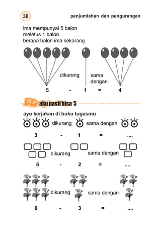 penjumlahan dan pengurangan
38
ima mempunyai 5 balon
meletus 1 balon
berapa balon ima sekarang
dikurang sama
dengan
5 - 1 = 4
ayo kerjakan di buku tugasmu
3 - 1 = ....
5 - 2 = ....
6 - 3 = ....
dikurang sama dengan
dikurang sama dengan
dikurang sama dengan
akupastibisa 5
 