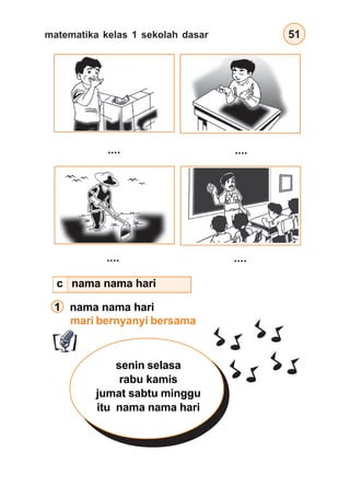 matematika kelas 1 sekolah dasar 51
1 nama nama hari
mari bernyanyi bersama
nama nama hari
.... ....
.... ....
senin selasa
rabu kamis
jumat sabtu minggu
itu nama nama hari
c
 