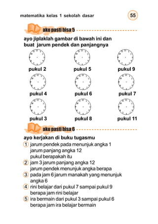 matematika kelas 1 sekolah dasar 55
ayo jiplaklah gambar di bawah ini dan
buat jarum pendek dan panjangnya
ayo kerjakan di buku tugasmu
jarum pendek pada menunjuk angka 1
jarum panjang angka 12
pukul berapakah itu
jam 3 jarum panjang angka 12
jarum pendek menunjuk angka berapa
pada jam 6 jarum manakah yang menunjuk
angka 6
rini belajar dari pukul 7 sampai pukul 9
berapa jam rini belajar
ira bermain dari pukul 3 sampai pukul 6
berapa jam ira belajar bermain
1
2
3
4
5
pukul 2 pukul 5 pukul 9
pukul 4 pukul 6 pukul 7
pukul 3 pukul 8 pukul 11
aku pasti bisa 5
aku pasti bisa 6
 