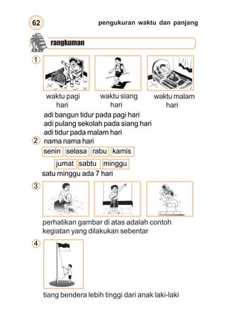 pengukuran waktu dan panjang
62
rangkuman
adi bangun tidur pada pagi hari
adi pulang sekolah pada siang hari
adi tidur pada malam hari
nama nama hari
waktu pagi
hari
waktu siang
hari
waktu malam
hari
senin selasa rabu kamis
perhatikan gambar di atas adalah contoh
kegiatan yang dilakukan sebentar
4
tiang bendera lebih tinggi dari anak laki-laki
satu minggu ada 7 hari
1
2
jumat sabtu minggu
3
 
