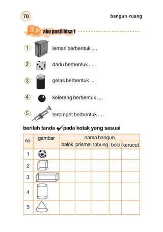 bangun ruang
70
1
2
3
4
5
lemari berbentuk ....
dadu berbentuk ....
gelas berbentuk ....
kelereng berbentuk ....
terompet berbentuk ....
berilah tanda pada kotak yang sesuai
no gambar nama bangun
prisma
balok bola
tabung kerucut
1
2
3
4
5
aku pasti bisa 1
 