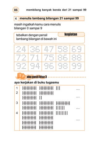 membilang banyak benda dari 21 sampai 99
86
masih ingatkah kamu cara menulis
bilangan 0 sampai 9
24 36 47 58 69
72 71 75 86 88
92 94 96 98 99
ayo kerjakan di buku tugasmu
1 ....
....
....
....
2
3
4
tebalkan dengan pensil
lambang bilangan di bawah ini
kegiatan
aku pasti bisa 3
menulis lambang bilangan 21 sampai 99
c
 