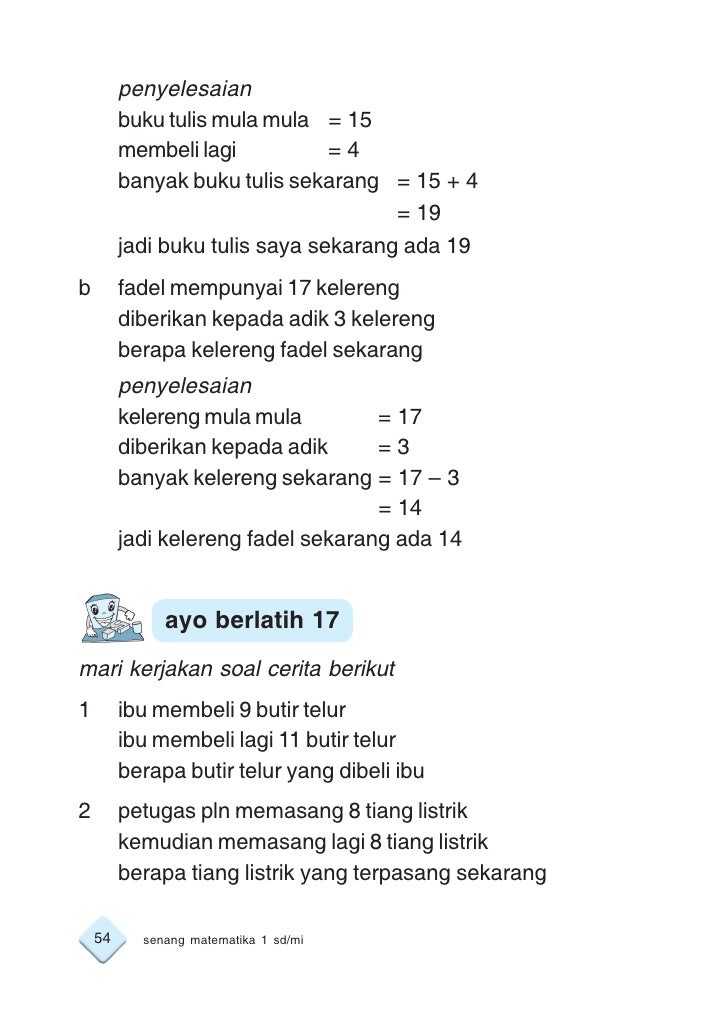 Contoh Latihan Soal: Soal Cerita Matematika Kelas 1 Sd Penjumlahan Dan