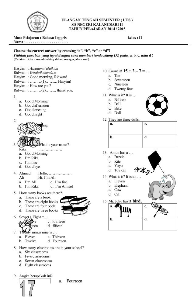 soal bahasa inggris kelas 1 sd semester 2 dengan gambar