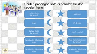 Carilah pasangan kata di sebelah kiri dan
sebelah kanan
Imam
Yang berdiri di belakang
imam
Pahala sholat
berjamaah
Hukum sholat
berjamaah
Yang memimpin sholat
berjamaah
Sunah muakad
27 derajat
Makmum
Yang berdiri di belakang
imam
Yang berdiri di belakang
imam
 