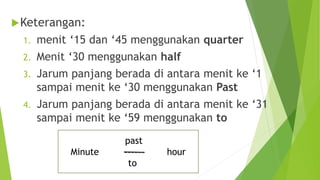 Keterangan:
1. menit ‘15 dan ‘45 menggunakan quarter
2. Menit ‘30 menggunakan half
3. Jarum panjang berada di antara menit ke ‘1
sampai menit ke ‘30 menggunakan Past
4. Jarum panjang berada di antara menit ke ‘31
sampai menit ke ‘59 menggunakan to
past
Minute ------ hour
to
 