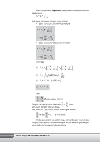 102 Cerdas Belajar IPA untuk SMP/MTs Kelas VII
Hasil penyelidikan Gay Lussac menyatakan bahwa pada semua
gas berlaku
γP
= γV
=
1
273
Jadi, pada pemuaian dengan volume tetap,
pada suhu t1
0
C , tekanannya menjadi
1
1 0 1
273
t
P P
= 1
0
273
273 273
t
P
pada suhu t2
0
C, tekanannya menjadi
2
2 0 1
273
t
P P
= 2
0
273
273 273
t
P
sehingga
P1
: P2
= 1
0
273
273 273
t
P : 2
0
273
273 273
t
P
P1
: P2
= 0 1
1
273
273
P t : 2
273
P
P1
: P2
= (273 + t1
) : (273 + t2
)
P1
: P2
= T1
: T2
atau
1 2
1 2
P P
T T
(T suhu dalam Kelvin)
Dengan cara yang sama diperoleh
1 2
1 2
V V
T T
pada
pemuaian dengan tekanan tetap.
Jadi, menurut Gay Lussac, untuk semua gas berlaku
V
T
= C dan P
T
= C, C = konstan.
Pada gas dalam ruang tertutup, perbandingan volume gas
dengan suhu (Kelvin) dan perbandingan antara tekanan gas dengan
suhu (Kelvin) merupakan bilangan tetap.
 
