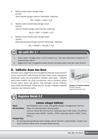 41ASAM, BASA, DAN GARAM
a. Reaksi antara asam dengan basa.
Contoh
asam klorida dengan natrium hidroksida, reaksinya
HCl + NaOH → NaCl + H2
O
b. Reaksi antara oksida basa dengan asam
Contoh
natrium oksida dengan asam klorida, reaksinya
Na2
O + 2HCl → 2NaCl + H2
O
c. Reaksi antara oksida asam dengan basa
Contoh
belerang trioksida dengan natrium hidroksida, reaksinya
SO3
+ 2NaOH → Na2
SO4
+ H2
O
B. Indikator Asam dan Basa
Tahukah kamu, bagaimana cara mengetahui sifat dari suatu larutan?
Untuk menentukan suatu larutan termasuk asam, basa, atau garam
diperlukan suatu zat yang disebut indikator asam-basa. Indikator
asam-basa adalah zat yang memberikan warna berbeda dalam
larutan asam, basa, dan garam. Ada berbagai macam indikator
asam-basa, diantaranya kertas lakmus, larutan indikator, indikator
universal, dan indikator alami.
Gambar 3.7 Kertas Lakmus
Sumber Gambar:
www.thesciencefair.com
Uji Latih Diri 3.1
1. Suatu asam menggunakan rumus molekul Hx
Ty
. Jika saat dilarutkan terlepas ion T-2
maka berapa nilai x?
2. Bagaimana cara mengetahui suatu larutan termasuk asam kuat dan basa lemah?
Kegiatan Ilmiah 3.2
Lakmus sebagai Indikator
Tujuan Membedakan asam, basa, dan garam dengan menggunakan lakmus.
Alat dan Bahan Pipet; rak tabung reaksi; tabung reaksi.
Lakmus merah dan lakmus biru; beberapa asam (HCl, H2
SO4
, CH3
COOH);
beberapa basa (NaOH, Ca(OH)2
, KOH); beberapa garam (NaCl, CuSO4
,
CaCO3
).
Petunjuk Kerja
1. Isi masing-masing tabung reaksi dengan zat-zat (larutan) yang tersedia. Jangan lupa
untuk memberi label nama zat pada setiap tabung.
 