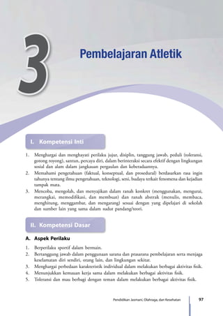 97Pendidikan Jasmani, Olahraga, dan Kesehatan
3 Pembelajaran Atletik
I.	 Kompetensi Inti
II.	 Kompetensi Dasar
1.	 Menghargai dan menghayati perilaku jujur, disiplin, tanggung jawab, peduli (toleransi,
gotong royong), santun, percaya diri, dalam berinteraksi secara efektif dengan lingkungan
sosial dan alam dalam jangkauan pergaulan dan keberadaannya.
2.	 Memahami pengetahuan (faktual, konseptual, dan prosedural) berdasarkan rasa ingin
tahunya tentang ilmu pengetahuan, teknologi, seni, budaya terkait fenomena dan kejadian
tampak mata.
3. 	 Mencoba, mengolah, dan menyajikan dalam ranah konkret (menggunakan, mengurai,
merangkai, memodifikasi, dan membuat) dan ranah abstrak (menulis, membaca,
menghitung, menggambar, dan mengarang) sesuai dengan yang dipelajari di sekolah
dan sumber lain yang sama dalam sudut pandang/teori.
A.	 Aspek Perilaku
1.	 Berperilaku sportif dalam bermain.
2.	 Bertanggung jawab dalam penggunaan sarana dan prasarana pembelajaran serta menjaga
keselamatan diri sendiri, orang lain, dan lingkungan sekitar.
3.	 Menghargai perbedaan karakteristik individual dalam melakukan berbagai aktivitas fisik.
4.	 Menunjukkan kemauan kerja sama dalam melakukan berbagai aktivitas fisik.
5.	 Toleransi dan mau berbagi dengan teman dalam melakukan berbagai aktivitas fisik.
7_BG_PJOK_07062013_CMYK.indb 97 6/13/13 4:58 PM
 