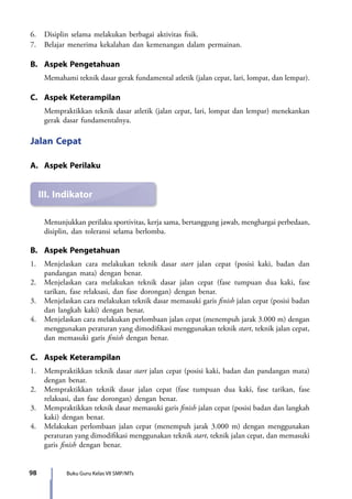 98 Buku Guru Kelas VII SMP/MTs
III.	Indikator
6.	 Disiplin selama melakukan berbagai aktivitas fisik.
7.	 Belajar menerima kekalahan dan kemenangan dalam permainan.
B.	 Aspek Pengetahuan
	 Memahami teknik dasar gerak fundamental atletik (jalan cepat, lari, lompat, dan lempar).
C.	 Aspek Keterampilan
Mempraktikkan teknik dasar atletik (jalan cepat, lari, lompat dan lempar) menekankan
gerak dasar fundamentalnya.
Jalan Cepat
A.	 Aspek Perilaku
Menunjukkan perilaku sportivitas, kerja sama, bertanggung jawab, menghargai perbedaan,
disiplin, dan toleransi selama berlomba.
B.	 Aspek Pengetahuan
1.	 Menjelaskan cara melakukan teknik dasar start jalan cepat (posisi kaki, badan dan
pandangan mata) dengan benar.
2.	 Menjelaskan cara melakukan teknik dasar jalan cepat (fase tumpuan dua kaki, fase
tarikan, fase relaksasi, dan fase dorongan) dengan benar.
3.	 Menjelaskan cara melakukan teknik dasar memasuki garis finish jalan cepat (posisi badan
dan langkah kaki) dengan benar.
4.	 Menjelaskan cara melakukan perlombaan jalan cepat (menempuh jarak 3.000 m) dengan
menggunakan peraturan yang dimodifikasi menggunakan teknik start, teknik jalan cepat,
dan memasuki garis finish dengan benar.
C.	 Aspek Keterampilan
1.	Mempraktikkan teknik dasar start jalan cepat (posisi kaki, badan dan pandangan mata)
dengan benar.
2.	Mempraktikkan teknik dasar jalan cepat (fase tumpuan dua kaki, fase tarikan, fase
relaksasi, dan fase dorongan) dengan benar.
3.	Mempraktikkan teknik dasar memasuki garis finish jalan cepat (posisi badan dan langkah
kaki) dengan benar.
4.	 Melakukan perlombaan jalan cepat (menempuh jarak 3.000 m) dengan menggunakan
peraturan yang dimodifikasi menggunakan teknik start, teknik jalan cepat, dan memasuki
garis finish dengan benar.
7_BG_PJOK_07062013_CMYK.indb 98 6/13/13 4:58 PM
 