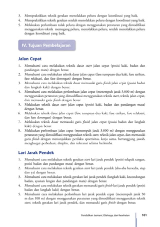 101Pendidikan Jasmani, Olahraga, dan Kesehatan
3.	 Mempraktikkan teknik gerakan menolakkan peluru dengan koordinasi yang baik.
4.	 Mempraktikkan teknik gerakan setelah menolakkan peluru dengan koordinasi yang baik.
5.	 Melakukan perlombaan tolak peluru dengan menggunakan peraturan yang dimodifikasi
menggunakan teknik memegang peluru, menolakkan peluru, setelah menolakkan peluru
dengan koordinasi yang baik.
IV.	Tujuan Pembelajaran
Jalan Cepat
1.	 Memahami cara melakukan teknik dasar start jalan cepat (posisi kaki, badan dan
pandangan mata) dengan benar.
2.	 Memahami cara melakukan teknik dasar jalan cepat (fase tumpuan dua kaki, fase tarikan,
fase relaksasi, dan fase dorongan) dengan benar.
3.	 Memahami cara melakukan teknik dasar memasuki garis finish jalan cepat (posisi badan
dan langkah kaki) dengan benar.
4.	Memahami cara melakukan perlombaan jalan cepat (menempuh jarak 3.000 m) dengan
menggunakan peraturan yang dimodifikasi menggunakan teknik start, teknik jalan cepat,
dan memasuki garis finish dengan benar.
5.	Melakukan teknik dasar start jalan cepat (posisi kaki, badan dan pandangan mata)
dengan benar.
6.	Melakukan teknik dasar jalan cepat (fase tumpuan dua kaki, fase tarikan, fase relaksasi,
dan fase dorongan) dengan benar.
7.	Melakukan teknik dasar memasuki garis finish jalan cepat (posisi badan dan langkah
kaki) dengan benar.
8.	 Melakukan perlombaan jalan cepat (menempuh jarak 3.000 m) dengan menggunakan
peraturan yang dimodifikasi menggunakan teknik start, teknik jalan cepat, dan memasuki
garis finish dengan menunjukkan perilaku sportivitas, kerja sama, bertanggung jawab,
menghargai perbedaan, disiplin, dan toleransi selama berlomba.
Lari Jarak Pendek
1.	 Memahami cara melakukan teknik gerakan start lari jarak pendek (posisi telapak tangan,
posisi badan dan pandangan mata) dengan benar.
2.	 Memahami cara melakukan teknik gerakan start lari jarak pendek (aba-aba bersedia, siap
dan ya) dengan benar.
3.	 Memahami cara melakukan teknik gerakan lari jarak pendek (langkah kaki, kecondongan
badan, ayunan lengan dan pandangan mata) dengan benar.
4.	 Memahami cara melakukan teknik gerakan memasuki garis finish lari jarak pendek (posisi
badan dan langkah kaki) dengan benar.
5.	Memahami cara melakukan perlombaan lari jarak pendek cepat (menempuh jarak 50
m dan 100 m) dengan menggunakan peraturan yang dimodifikasi menggunakan teknik
start, teknik gerakan lari jarak pendek, dan memasuki garis finish dengan benar.
7_BG_PJOK_07062013_CMYK.indb 101 6/13/13 4:58 PM
 