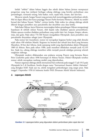 105Pendidikan Jasmani, Olahraga, dan Kesehatan
	 Istilah “athletic” dalam bahasa Inggris dan atletik dalam bahasa Jerman mempunyai
pengertian yang luas meliputi berbagai cabang olahraga yang bersifat perlombaan atau
pertandingan, termasuk renang, bola basket, tenis, sepak bola, senam, dan lain-lain.
	 Menurut sejarah, bangsa Yunani yang pertama kali menyelenggarakan perlombaan atletik.
Hal ini dapat dibaca dari karya pujangga Yunani Purba bernama Homerus. Atletik itu sendiri
berasal dari bahasa Yunani “Athlos”, artinya lomba. Pada waktu itu cabang olahraga atletik
dikenal dengan pentahlon atau pancalomba dan decathlon atau dasa lomba.
	 Pada buku Odysus, karya Hemerun menerangkan bahwa petualangan Odysus mengunjungi
kepulauan di sebelah selatan Yunani, oleh kepala suku diadakan upacara penyambutan.
Dalam upacara tersebut diadakan perlombaan yang terdiri dari: lari, lompat, lempar cakram,
tinju, dan gulat. Pada tahun 776 SM Yunani mengadakan Olympiade. Juara pentahlon atau
pancalomba dinyatakan sebagai juara Olympiade.
	 Pada nomor lari (marathon), nomor ini merupakan kegiatan berlari yang telah dimulai
sejak tahun 490 sebelum Masehi. Kegiatan itu berawal dari sebuah kota kecil yang bernama
Marathon, 40 km dari Athena. Jarak sepnajang itulah yang diperlombakan dalam Olimpiade
1889 di Athena. Baru pada tahun 1908, jarak marathon dibakukan menjadi jarak 42,195
km. Sejak itu, cabang olahraga marathon selalu menjadi puncak sekaligus penutup seluruh
rangkaian olahraga.
	 Olympiade modern dilaksanakan atas prakarsa seorang Prancis yang bernama Baron
Peire Louherbin pada tahun 1896 bertempat di Athena Yunani. Dalam Olympiade tersebut
nomor atletik merupakan tambang medali yang diperebutkan.
	 Namun organisasi olahraga atletik internasional baru terbentuk pada tanggal 17 juli 1912 pada
Olympiade ke-5 di Stockhom, Swedia dengan nama “International Amateur Athletic Federation”
yang disingkat IAAF. Sejak saat itu, atletik mengalami perkembangan yang sangat pesat. Pada
tanggal 3 September 1950 di Indonesia berdiri PASI (Persatuan Atletik Seluruh Indonesia).
2.	 Lapangan Atletik
Gambar 3.1 Lapangan/sektor yang digunakan dalam perlombaan jalan cepat dan lari
7_BG_PJOK_07062013_CMYK.indb 105 6/13/13 4:58 PM
 