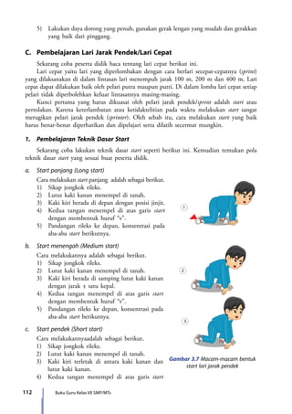 112 Buku Guru Kelas VII SMP/MTs
1
2
3
Gambar 3.7 Macam-macam bentuk
start lari jarak pendek
	 5)	 Lakukan daya dorong yang penuh, gunakan gerak lengan yang mudah dan gerakkan
yang baik dari pinggang.
C.	 Pembelajaran Lari Jarak Pendek/Lari Cepat
	 Sekarang coba peserta didik baca tentang lari cepat berikut ini.
	 Lari cepat yaitu lari yang diperlombakan dengan cara berlari secepat-cepatnya (sprint)
yang dilaksanakan di dalam lintasan lari menempuh jarak 100 m, 200 m dan 400 m. Lari
cepat dapat dilakukan baik oleh pelari putra maupun putri. Di dalam lomba lari cepat setiap
pelari tidak diperbolehkan keluar lintasannya masing-masing.
	 Kunci pertama yang harus dikuasai oleh pelari jarak pendek/sprint adalah start atau
pertolakan. Karena keterlambatan atau ketidaktelitian pada waktu melakukan start sangat
merugikan pelari jarak pendek (sprinter). Oleh sebab itu, cara melakukan start yang baik
harus benar-benar diperhatikan dan dipelajari serta dilatih secermat mungkin.
1.	 Pembelajaran Teknik Dasar Start
	 Sekarang coba lakukan teknik dasar start seperti berikut ini. Kemudian temukan pola
teknik dasar start yang sesuai buat peserta didik.
a.	 Start panjang (Long start)
	 Cara melakukan start panjang adalah sebagai berikut.
	 1)	 Sikap jongkok rileks.
	 2) 	 Lutut kaki kanan menempel di tanah.
	 3) 	 Kaki kiri berada di depan dengan posisi jinjit.
	 4) 	Kedua tangan menempel di atas garis start
dengan membentuk huruf “v”.
	 5) 	Pandangan rileks ke depan, konsentrasi pada
aba-aba start berikutnya.
b.	 Start menengah (Medium start)
	 Cara melakukannya adalah sebagai berikut.
	 1) 	 Sikap jongkok rileks.
	 2) 	 Lutut kaki kanan menempel di tanah.
	 3) 	 Kaki kiri berada di samping lutut kaki kanan
dengan jarak ± satu kepal.
	 4) 	Kedua tangan menempel di atas garis start
dengan membentuk huruf “v”.
	 5) 	 Pandangan rileks ke depan, konsentrasi pada
aba-aba start berikutnya.
c.	 Start pendek (Short start)
	 Cara melakukannyaadalah sebagai berikut.
1) 	 Sikap jongkok rileks.
2) 	 Lutut kaki kanan menempel di tanah.
3) 	Kaki kiri terletak di antara kaki kanan dan
lutut kaki kanan.
4)	 Kedua tangan menempel di atas garis start
1
2
3
7_BG_PJOK_07062013_CMYK.indb 112 6/13/13 4:58 PM
 