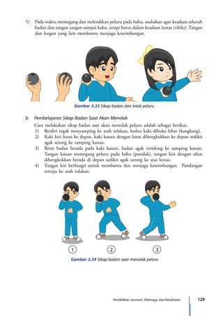 129Pendidikan Jasmani, Olahraga, dan Kesehatan
5)	 Pada waktu memegang dan meletakkan peluru pada bahu, usahakan agar keadaan seluruh
badan dan tangan jangan sampai kaku, tetapi harus dalam keadaan lemas (rileks). Tangan
dan lengan yang lain membantu menjaga keseimbangan.
Gambar 3.33 Sikap badan dan letak peluru
b.	 Pembelajaran Sikap Badan Saat Akan Menolak
Cara melakukan sikap badan saat akan menolak peluru adalah sebagai berikut.
1)	 Berdiri tegak menyamping ke arah tolakan, kedua kaki dibuka lebar (kangkang).
2)	 Kaki kiri lurus ke depan, kaki kanan dengan lutut dibengkokkan ke depan sedikit
agak serong ke samping kanan.
3)	 Berat badan berada pada kaki kanan, badan agak condong ke samping kanan.
Tangan kanan memegang peluru pada bahu (pundak), tangan kiri dengan sikut
dibengkokkan berada di depan sedikit agak serong ke atas lemas.
4)	 Tangan kiri berfungsi untuk membantu dan menjaga keseimbangan. Pandangan
tertuju ke arah tolakan.
21 3
Gambar 3.34 Sikap badan saat menolak peluru
7_BG_PJOK_07062013_CMYK.indb 129 6/13/13 4:58 PM
 