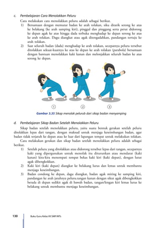 130 Buku Guru Kelas VII SMP/MTs
c.	 Pembelajaran Cara Menolakkan Peluru
Cara melakukan cara menolakkan peluru adalah sebagai berikut.
1)	 Bersamaan dengan memutar badan ke arah tolakan, siku ditarik serong ke atas
ke belakang (ke arah samping kiri), pinggul dan pinggang serta perut didorong
ke depan agak ke atas hingga dada terbuka menghadap ke depan serong ke atas
ke arah tolakan. Dagu diangkat atau agak ditengadahkan, pandangan tertuju ke
arah tolakan.
2)	 Saat seluruh badan (dada) menghadap ke arah tolakan, secepatnya peluru tersebut
ditolakkan sekuat-kuatnya ke atas ke depan ke arah tolakan (parabola) bersamaan
dengan bantuan menolakkan kaki kanan dan melonjakkan seluruh badan ke atas
serong ke depan.
21 3
Gambar 3.35 Sikap menolak pelurub dari sikap badan menyamping
d.	 Pembelajaran Sikap Badan Setelah Menolakkan Peluru
Sikap badan setelah menolakkan peluru, yaitu suatu bentuk gerakan setelah peluru
ditolakkan lepas dari tangan, dengan maksud untuk menjaga keseimbangan badan, agar
badan tidak terjatuh ke depan atau ke luar dari lapangan tempat untuk melakukan tolakan.
Cara melakukan gerakan dan sikap badan setelah menolakkan peluru adalah sebagai
berikut.
1)	 Setelah peluru yang ditolakkan atau didorong tersebut lepas dari tangan, secepatnya
kaki yang dipergunakan untuk menolak itu diturunkan atau mendarat (kaki
kanan) kira-kira menempati tempat bekas kaki kiri (kaki depan), dengan lutut
agak dibengkokkan.
2)	 Kaki kiri (kaki depan) diangkat ke belakang lurus dan lemas untuk membantu
menjaga keseimbangan.
3)	 Badan condong ke depan, dagu diangkat, badan agak miring ke samping kiri,
pandangan ke arah jatuhnya peluru.tangan kanan dengan sikut agak dibengkokkan
berada di depan sedikit agak di bawah badan, tangan/lengan kiri lemas lurus ke
belakang untuk membantu menjaga keseimbangan.
7_BG_PJOK_07062013_CMYK.indb 130 6/13/13 4:58 PM
 