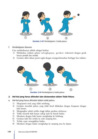 134 Buku Guru Kelas VII SMP/MTs
1 2 3
Gambar 3.43 Pembelajaran 5 tolak peluru
f.	 Pembelajaran Keenam
Cara melakukannya adalah sebagai berikut.
1)	 Melakukan tolakan peluru selengkapnya, gerakan terkontrol dengan gerak
luncur pendek dan rendah.
2)	 Gerakan akhir dalam posisi tegak dengan mengombinasikan berbagai fase tolakan.
21 3
Gambar 3.44 Pembelajaran 6 tolak peluru
3.	 Hal-hal yang harus dihindari dan diutamakan dalam Tolak Peluru
a.	 Hal-hal yang harus dihindari dalam tolak peluru
1)	 Sikap/posisi awal yang tidak seimbang.
2)	 Gerakan menolak peluru yang tidak betul dilakukan dengan lompatan dengan
kaki kanan.
3)	 Mengangkat tubuh terlalu tinggi dalam gerakan meluncur.
4)	 Tidak menarik kaki kanan cukup jauh ke bawah badan.
5)	 Mendarat dengan kaki kanan menghadap ke belakang.
6)	 Gerakan kaki kiri terlalu ke arah samping kiri.
7)	 Terlalu cepat menegakkan badan.
8)	 Mendarat dengan badan menghadap ke samping atau ke depan.
7_BG_PJOK_07062013_CMYK.indb 134 6/13/13 4:58 PM
 