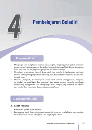 149Pendidikan Jasmani, Olahraga, dan Kesehatan
1.	 Menghargai dan menghayati perilaku jujur, disiplin, tanggung jawab, peduli (toleransi,
gotong royong), santun, percaya diri, dalam berinteraksi secara efektif dengan lingkungan
sosial dan alam dalam jangkauan pergaulan dan keberadaannya.
2.	 Memahami pengetahuan (faktual, konseptual, dan prosedural) berdasarkan rasa ingin
tahunya tentang ilmu pengetahuan, teknologi, seni, budaya terkait fenomena dan kejadian
tampak mata.
3.	 Mencoba, mengolah, dan menyajikan dalam ranah konkret (menggunakan, mengurai,
merangkai, memodifikasi, dan membuat) dan ranah abstrak (menulis, membaca,
menghitung, menggambar, dan mengarang) sesuai dengan yang dipelajari di sekolah
dan sumber lain yang sama dalam sudut pandang/teori.
4 Pembelajaran Beladiri
I.	 Kompetensi Inti
II.	 Kompetensi Dasar
A.	 Aspek Perilaku
1.	 Berperilaku sportif dalam bermain.
2.	 Bertanggung jawab dalam penggunaan sarana dan prasarana pembelajaran serta menjaga
keselamatan diri sendiri, orang lain, dan lingkungan sekitar.
7_BG_PJOK_07062013_CMYK.indb 149 6/13/13 4:58 PM
 