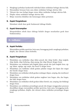 150 Buku Guru Kelas VII SMP/MTs
3.	 Menghargai perbedaan karakteristik individual dalam melakukan berbagai aktivitas fisik.
4.	 Menunjukkan kemauan kerja sama dalam melakukan berbagai aktivitas fisik.
5.	 Toleransi dan mau berbagi dengan teman dalam melakukan berbagai aktivitas fisik.
6.	 Disiplin selama melakukan berbagai aktivitas fisik.
7.	 Belajar menerima kekalahan dan kemenangan dalam permainan.
B.	 Aspek Pengetahuan
	 Memahami teknik dasar gerak fundamental olahraga beladiri.
C.	 Aspek Keterampilan
Mempraktikkan teknik dasar olahraga beladiri dengan menekankan gerak dasar
fundamentalnya.
III.	Indikator
A.	 Aspek Perilaku
Menunjukkan perilaku sportivitas, kerja sama, bertanggung jawab, menghargai perbedaan,
disiplin, dan toleransi selama berlomba.
B.	 Aspek Pengetahuan
1.	 Menjelaskan cara melakukan sikap dalam pencak silat (sikap berdiri, sikap jongkok,
sikap duduk, sikap berbaring, sikap pasang, dan sikap khusus) dengan benar.
2.	 Menjelaskan cara melakukan pola langkah dalam pencak silat (pola langkah lurus, zig-
zag, ladam, segitiga, segi empat, dan huruf S) dengan benar.
3.	 Menjelaskan cara melakukan teknik gerakan pukulan (tangan dari depan dan tangan
dari bawah) dengan benar.
4.	 Menjelaskan cara melakukan teknik gerakan tendangan (depan, samping, dan membusur)
dengan benar.
5.	 Menjelaskan cara melakukan teknik gerakan tangkisan (satu lengan, siku, dua lengan,
dan kaki) dengan benar.
6.	 Menjelaskan cara melakukan teknik gerakan elakan (bawah, atas, samping, dan belakang)
dengan benar.
7.	 Menjelaskan cara melakukan pertandingan pencak silat dengan menggunakan peraturan
dimodifikasi dengan menunjukkan perilaku sportivitas, kerja sama, bertanggung jawab,
menghargai perbedaan, disiplin, dan toleransi selama melakukan pertandingan dengan
benar.
7_BG_PJOK_07062013_CMYK.indb 150 6/13/13 4:58 PM
 