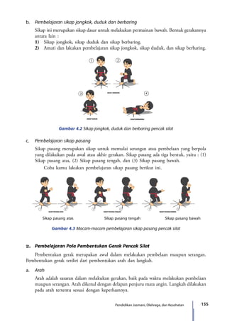 155Pendidikan Jasmani, Olahraga, dan Kesehatan
b.	 Pembelajaran sikap jongkok, duduk dan berbaring
	 Sikap ini merupakan sikap dasar untuk melakukan permainan bawah. Bentuk gerakannya
antara lain :
	1)	Sikap jongkok, sikap duduk dan sikap berbaring.
	2)	Amati dan lakukan pembelajaran sikap jongkok, sikap duduk, dan sikap berbaring.
SIKAP JONGKOK
SIKAP BERBARINGSIKAP DUDUK
Gambar 4.2 Sikap jongkok, duduk dan berbaring pencak silat
c.	 Pembelajaran sikap pasang
	 Sikap pasang merupakan sikap untuk memulai serangan atau pembelaan yang berpola
yang dilakukan pada awal atau akhir gerakan. Sikap pasang ada tiga bentuk, yaitu : (1)
Sikap pasang atas, (2) Sikap pasang tengah, dan (3) Sikap pasang bawah.
		 Coba kamu lakukan pembelajaran sikap pasang berikut ini.
Gambar 4.3 Macam-macam pembelajaran sikap pasang pencak silat
SIKAP PASANG ATAS SIKAP PASANG TENGAH SIKAP PASANG BAWAH
	 Sikap pasang atas	 Sikap pasang tengah	 Sikap pasang bawah
2.	 Pembelajaran Pola Pembentukan Gerak Pencak Silat
	 Pembentukan gerak merupakan awal dalam melakukan pembelaan maupun serangan.
Pembentukan gerak terdiri dari pembentukan arah dan langkah.
a.	 Arah
	 Arah adalah sasaran dalam melakukan gerakan, baik pada waktu melakukan pembelaan
maupun serangan. Arah dikenal dengan delapan penjuru mata angin. Langkah dilakukan
pada arah tertentu sesuai dengan keperluannya.
7_BG_PJOK_07062013_CMYK.indb 155 6/13/13 4:58 PM
 