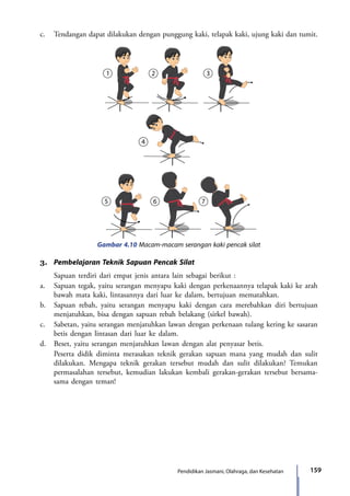 159Pendidikan Jasmani, Olahraga, dan Kesehatan
c.	 Tendangan dapat dilakukan dengan punggung kaki, telapak kaki, ujung kaki dan tumit.
Gambar 4.10 Macam-macam serangan kaki pencak silat
3.	 Pembelajaran Teknik Sapuan Pencak Silat
	 Sapuan terdiri dari empat jenis antara lain sebagai berikut :
a.	 Sapuan tegak, yaitu serangan menyapu kaki dengan perkenaannya telapak kaki ke arah
bawah mata kaki, lintasannya dari luar ke dalam, bertujuan mematahkan.
b.	 Sapuan rebah, yaitu serangan menyapu kaki dengan cara merebahkan diri bertujuan
menjatuhkan, bisa dengan sapuan rebah belakang (sirkel bawah).
c.	 Sabetan, yaitu serangan menjatuhkan lawan dengan perkenaan tulang kering ke sasaran
betis dengan lintasan dari luar ke dalam.
d.	 Beset, yaitu serangan menjatuhkan lawan dengan alat penyasar betis.
	 Peserta didik diminta merasakan teknik gerakan sapuan mana yang mudah dan sulit
dilakukan. Mengapa teknik gerakan tersebut mudah dan sulit dilakukan? Temukan
permasalahan tersebut, kemudian lakukan kembali gerakan-gerakan tersebut bersama-
sama dengan teman!
7_BG_PJOK_07062013_CMYK.indb 159 6/13/13 4:58 PM
 