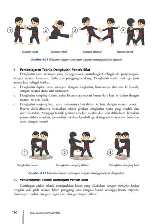 160 Buku Guru Kelas VII SMP/MTs
	 Sapuan tegak	 Sapuan rebah	 Sapuan sabetan	 Sapuan beset
Gambar 4.11 Macam-macam serangan tungkai menggunakan sapuan
4.	 Pembelajaran Teknik Dengkulan Pencak Silat
	 Dengkulan yaitu serangan yang menggunakan lutut/dengkul sebagai alat penyerangan,
dengan sasaran kemaluan, dada, dan pinggang belakang. Dengkulan terdiri dari tiga jenis
antara lain sebagai berikut:
a.	 Dengkulan depan, yaitu serangan dengan dengkulan, lintasannya dari atas ke bawah,
dengan sasaran dada dan kemaluan.
b.	 Dengkulan samping dalam, yaitu lintasannya seperti busur dari luar ke dalam dengan
sasaran ke arah dada.
c.	 Dengkulan samping luar, yaitu lintasannya dari dalam ke luar, dengan sasaran perut.
	 Peserta didik diminta merasakan teknik gerakan dengkulan mana yang mudah dan
sulit dilakukan. Mengapa teknik gerakan tersebut mudah dan sulit dilakukan? Temukan
permasalahan tersebut, kemudian lakukan kembali gerakan-gerakan tersebut bersama-
sama dengan teman!
	 Dengkulan depan	 Dengkulan samping dalam	 Dengkulan samping luar
Gambar 4.12 Macam-macam serangan tungkai menggunakan dengkulan
5.	 Pembelajaran Teknik Guntingan Pencak Silat
	 Guntingan adalah teknik menjatuhkan lawan yang dilakukan dengan menjepit kedua
tungkai kaki pada sasaran leher, pinggang, atau tungkai lawan sehingga lawan terjatuh.
Guntingan terdiri dari guntingan luar dan guntingan dalam.
7_BG_PJOK_07062013_CMYK.indb 160 6/13/13 4:58 PM
 