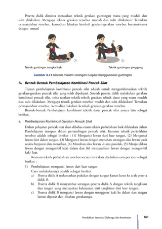 161Pendidikan Jasmani, Olahraga, dan Kesehatan
	 Peserta didik diminta merasakan teknik gerakan guntingan mana yang mudah dan
sulit dilakukan. Mengapa teknik gerakan tersebut mudah dan sulit dilakukan? Temukan
permasalahan tersebut, kemudian lakukan kembali gerakan-gerakan tersebut bersama-sama
dengan teman!
Gambar 4.13 Macam-macam serangan tungkai menggunakan guntingan
	 Teknik guntingan tungkai kaki	 Teknik guntingan pinggang
6.	 Bentuk-Bentuk Pembelajaran Kombinasi Pencak Silat
	 Tujuan pembelajaran kombinasi pencak silat adalah untuk mengombinasikan teknik
gerakan-gerakan pencak silat yang telah dipelajari. Setelah peserta didik melakukan gerakan
kombinasi pencak silat, coba rasakan teknik-teknik gerakan teknik dasar yang mana mudah
dan sulit dilakukan. Mengapa teknik gerakan tersebut mudah dan sulit dilakukan? Temukan
permasalahan tersebut, kemudian lakukan kembali gerakan-gerakan tersebut.
	 Bentuk-bentuk Pembelajaran kombinasi teknik dasar pencak silat antara lain sebagai
berikut.
a.	 Pembelajaran Kombinasi Gerakan Pencak Silat
	 Dalam pelajaran pencak silat akan dibahas enam teknik perkelahian baik dilakukan dalam
Pembelajaran maupun dalam pertandingan pencak silat. Keenam teknik perkelahian
tersebut adalah sebagai berikut : (1) Mengunci lawan dari luar tangan, (2) Mengunci
lawan dari dalam tangan, (3) Mengunci lawan dengan menahan serangan siku lawan pada
waktu berputar dan menyikut, (4) Menahan siku lawan di atas pundak, (5) Menjatuhkan
lawan dengan mengambil kaki dalam dan (6) menjatuhkan lawan dengan mengambil
kaki luar.
		 Keenam teknik perkelahian tersebut secara rinci akan dijelaskan satu per satu sebagai
berikut :
	 1)	 Pembelajaran mengunci lawan dari luar tangan
		 Cara melakukannya adalah sebagai berikut.
		 a)	 Peserta didik A melancarkan pukulan dengan tangan kanan lurus ke arah peserta
didik B.
		 b)	 Peserta didik B menyambut serangan peserta didik A dengan teknik tangkisan
dua tangan yang merupakan kelanjutan dari tangkisan dari luar tangan.
		c)	 Peserta didik B mengunci lawan dengan menggeser kaki ke dalam dan tangan
lawan diputar dan ditahan gerakannya.
7_BG_PJOK_07062013_CMYK.indb 161 6/13/13 4:58 PM
 