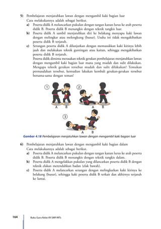 164 Buku Guru Kelas VII SMP/MTs
	 5)	 Pembelajaran menjatuhkan lawan dengan mengambil kaki bagian luar
		 Cara melakukannya adalah sebagai berikut.
		a)	Peserta didik A melancarkan pukulan dengan tangan kanan lurus ke arah peserta
didik B. Peserta didik B menangkis dengan teknik tangkis luar.
		b)	Peserta didik A sambil menjatuhkan diri ke belakang menyapu kaki lawan
dengan melingkar atau melengkung (busur). Usaha ini tidak mengakibatkan
peserta didik B terjatuh.
		c)	Serangan peserta didik A dilanjutkan dengan memasukkan kaki kirinya lebih
jauh dan melakukan teknik guntingan atau kaitan, sehingga mengakibatkan
peserta didik B terjatuh.
			Peserta didik diminta merasakan teknik gerakan pembelajaran menjatuhkan lawan
dengan mengambil kaki bagian luar mana yang mudah dan sulit dilakukan.
Mengapa teknik gerakan tersebut mudah dan sulit dilakukan? Temukan
permasalahan tersebut, kemudian lakukan kembali gerakan-gerakan tersebut
bersama-sama dengan teman!
Gambar 4.18 Pembelajaran menjatuhkan lawan dengan mengambil kaki bagian luar
	 6)	 Pembelajaran menjatuhkan lawan dengan mengambil kaki bagian dalam
		 Cara melakukannya adalah sebagai berikut.
		a)	Peserta didik A melancarkan pukulan dengan tangan kanan lurus ke arah peserta
didik B. Peserta didik B menangkis dengan teknik tangkis dalam.
		b)	Peserta didik A mengelakkan pukulan yang dilancarkan peserta didik B dengan
teknik elakan merendahkan badan (elak bawah).
		c)	Peserta didik A melancarkan serangan dengan melingkarkan kaki kirinya ke
belakang (busur), sehingga kaki peserta didik B terkait dan akhirnya terjatuh
ke lantai.
7_BG_PJOK_07062013_CMYK.indb 164 6/13/13 4:58 PM
 