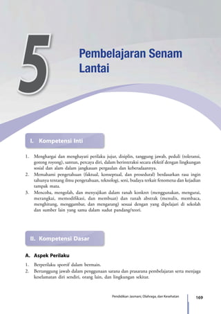 169Pendidikan Jasmani, Olahraga, dan Kesehatan
1.	 Menghargai dan menghayati perilaku jujur, disiplin, tanggung jawab, peduli (toleransi,
gotong royong), santun, percaya diri, dalam berinteraksi secara efektif dengan lingkungan
sosial dan alam dalam jangkauan pergaulan dan keberadaannya.
2.	 Memahami pengetahuan (faktual, konseptual, dan prosedural) berdasarkan rasa ingin
tahunya tentang ilmu pengetahuan, teknologi, seni, budaya terkait fenomena dan kejadian
tampak mata.
3.	 Mencoba, mengolah, dan menyajikan dalam ranah konkret (menggunakan, mengurai,
merangkai, memodifikasi, dan membuat) dan ranah abstrak (menulis, membaca,
menghitung, menggambar, dan mengarang) sesuai dengan yang dipelajari di sekolah
dan sumber lain yang sama dalam sudut pandang/teori.
5 Pembelajaran Senam
Lantai
I.	 Kompetensi Inti
II.	 Kompetensi Dasar
A.	 Aspek Perilaku
1.	 Berperilaku sportif dalam bermain.
2.	 Bertanggung jawab dalam penggunaan sarana dan prasarana pembelajaran serta menjaga
keselamatan diri sendiri, orang lain, dan lingkungan sekitar.
7_BG_PJOK_07062013_CMYK.indb 169 6/13/13 4:59 PM
 