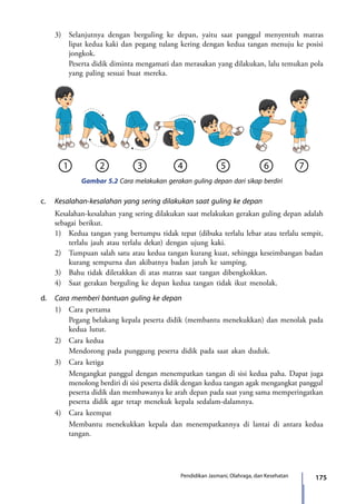 175Pendidikan Jasmani, Olahraga, dan Kesehatan
	 3)	 Selanjutnya dengan berguling ke depan, yaitu saat panggul menyentuh matras
lipat kedua kaki dan pegang tulang kering dengan kedua tangan menuju ke posisi
jongkok.
		 Peserta didik diminta mengamati dan merasakan yang dilakukan, lalu temukan pola
yang paling sesuai buat mereka.
Gambar 5.2 Cara melakukan gerakan guling depan dari sikap berdiri
c.	 Kesalahan-kesalahan yang sering dilakukan saat guling ke depan
	 Kesalahan-kesalahan yang sering dilakukan saat melakukan gerakan guling depan adalah
sebagai berikut.
	 1)	 Kedua tangan yang bertumpu tidak tepat (dibuka terlalu lebar atau terlalu sempit,
terlalu jauh atau terlalu dekat) dengan ujung kaki.
	 2)	 Tumpuan salah satu atau kedua tangan kurang kuat, sehingga keseimbangan badan
kurang sempurna dan akibatnya badan jatuh ke samping.
	 3)	 Bahu tidak diletakkan di atas matras saat tangan dibengkokkan.
	 4)	 Saat gerakan berguling ke depan kedua tangan tidak ikut menolak.
d.	 Cara memberi bantuan guling ke depan
	 1)	 Cara pertama
		 Pegang belakang kepala peserta didik (membantu menekukkan) dan menolak pada
kedua lutut.
	 2)	 Cara kedua
		 Mendorong pada punggung peserta didik pada saat akan duduk.
	 3)	 Cara ketiga
		 Mengangkat panggul dengan menempatkan tangan di sisi kedua paha. Dapat juga
menolong berdiri di sisi peserta didik dengan kedua tangan agak mengangkat panggul
peserta didik dan membawanya ke arah depan pada saat yang sama memperingatkan
peserta didik agar tetap menekuk kepala sedalam-dalamnya.
	 4)	 Cara keempat
		 Membantu menekukkan kepala dan menempatkannya di lantai di antara kedua
tangan.
7_BG_PJOK_07062013_CMYK.indb 175 6/13/13 4:59 PM
 