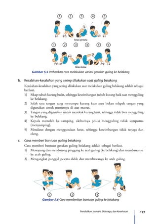 177Pendidikan Jasmani, Olahraga, dan Kesehatan
b.	Kesalahan-kesalahan yang sering dilakukan saat guling belakang
	 Kesalahan-kesalahan yang sering dilakukan saat melakukan guling belakang adalah sebagai
berikut.
	 1)	 Sikap tubuh kurang bulat, sehingga keseimbangan tubuh kurang baik saat mengguling
ke belakang.
	 2)	 Salah satu tangan yang menumpu kurang kuat atau bukan telapak tangan yang
digunakan untuk menumpu di atas matras.
	 3)	 Tangan yang digunakan untuk menolak kurang kuat, sehingga tidak bisa mengguling
ke belakang.
	 4)	 Kepala menoleh ke samping, akibatnya posisi mengguling tidak sempurna
(menyamping).
	 5)	 Mendarat dengan menggunakan lutut, sehingga keseimbangan tidak terjaga dan
oleng.
c.	 Cara memberi bantuan guling belakang
	 Cara memberi bantuan gerakan guling belakang adalah sebagai berikut.
	 1)	 Menopang dan mendorong pinggang ke arah guling (ke belakang) dan membawanya
ke arah guling.
	 2)	 Mengangkat panggul peserta didik dan membawanya ke arah guling.
Gambar 5.5 Perhatikan cara melakukan variasi gerakan guling ke belakang
Variasi kedua
Variasi KeduaVariasi Pertama
Variasi KeduaVariasi Pertama
Variasi pertama
Gambar 5.6 Cara memberikan bantuan guling ke belakang
7_BG_PJOK_07062013_CMYK.indb 177 6/13/13 4:59 PM
 