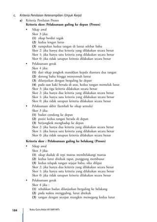 184 Buku Guru Kelas VII SMP/MTs
c.	 Kriteria Penilaian Keterampilan (Unjuk Kerja)
	a)	Kriteria Penilaian Proses
		Kriteria skor: Pelaksanaan guling ke depan (Proses)
	 	 •	 Sikap awal
			Skor 3 jika:
			(1)	sikap berdiri tegak
			(2)	kedua lengan lurus
			(3)	tumpukan kedua tangan di lantai selebar bahu
			Skor 2: jika hanya dua kriteria yang dilakukan secara benar
			Skor 1: jika hanya satu kriteria yang dilakukan secara benar
			Skor 0: jika tidak satupun kriteria dilakukan secara benar
	 	 •	 Pelaksanaan gerak
			Skor 4 jika:
			(1)	 dari sikap jongkok masukkan kepala diantara dua tangan
			(2)	 dorong bahu hingga menyentuh lantai
			(3)	 dilanjutkan dengan berguling ke depan
			(4)	 pada saat kaki berada di atas, kedua tangan memeluk lutut
			Skor 3: jika tiga kriteria dilakukan secara benar
			Skor 2: jika hanya dua kriteria yang dilakukan secara benar
			Skor 1: jika hanya satu kriteria yang dilakukan secara benar
			Skor 0: jika tidak satupun kriteria dilakukan secara benar
	 	 •	 Pelaksanaan akhir (kembali ke sikap semula)
			Skor 3 jika:
			(1)	badan condong ke depan
			(2)	posisi kedua tangan berada di depan
			(3)	berjongkok menghadap ke depan
			Skor 2: jika hanya dua kriteria yang dilakukan secara benar
			Skor 1: jika hanya satu kriteria yang dilakukan secara benar
			Skor 0: jika tidak satupun kriteria dilakukan secara benar
		Kriteria skor : Pelaksanaan guling ke belakang (Proses)
	 	 •	 Sikap awal
			Skor 3 jika:
			(1)	sikap duduk di tepi matras membelakangi matras
			(2)	 kedua lutut ditekuk rapat, punggung membusur
			(3)	 kedua telapak tangan sejajar bahu, siku dilipat
			Skor 2: jika hanya dua kriteria yang dilakukan secara benar
			Skor 1: jika hanya satu kriteria yang dilakukan secara benar
			Skor 0: jika tidak satupun kriteria dilakukan secara benar
	 	 •	 Pelaksanaan gerak
			Skor 4 jika :
			(1)	rebahkan badan dilanjutkan berguling ke belakang
			(2)	pada waktu mengguling, lutut ditekuk
			(3)	 tangan dengan secepat mungkin memegang kedua lutut
7_BG_PJOK_07062013_CMYK.indb 184 6/13/13 4:59 PM
 