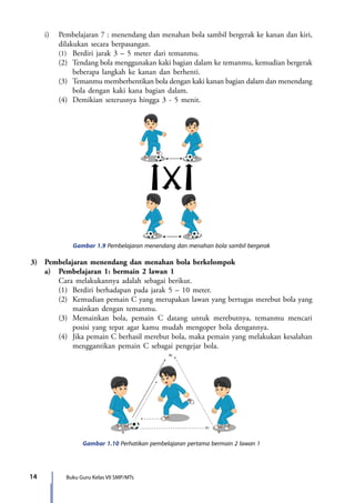 14 Buku Guru Kelas VII SMP/MTs
	 i)	 Pembelajaran 7 : menendang dan menahan bola sambil bergerak ke kanan dan kiri,
dilakukan secara berpasangan.
		(1)	Berdiri jarak 3 – 5 meter dari temanmu.
		 (2)	 Tendang bola menggunakan kaki bagian dalam ke temanmu, kemudian bergerak
beberapa langkah ke kanan dan berhenti.
		(3)	 Temanmu memberhentikan bola dengan kaki kanan bagian dalam dan menendang
bola dengan kaki kana bagian dalam.
		 (4)	 Demikian seterusnya hingga 3 - 5 menit.
Gambar 1.9 Pembelajaran menendang dan menahan bola sambil bergerak
3)	 Pembelajaran menendang dan menahan bola berkelompok
	 a)	 Pembelajaran 1: bermain 2 lawan 1
		 Cara melakukannya adalah sebagai berikut.
		 (1)	 Berdiri berhadapan pada jarak 5 – 10 meter.
		 (2)	 Kemudian pemain C yang merupakan lawan yang bertugas merebut bola yang
mainkan dengan temanmu.
		 (3)	 Memainkan bola, pemain C datang untuk merebutnya, temanmu mencari
posisi yang tepat agar kamu mudah mengoper bola dengannya.
		 (4)	 Jika pemain C berhasil merebut bola, maka pemain yang melakukan kesalahan
menggantikan pemain C sebagai pengejar bola.
Gambar 1.10 Perhatikan pembelajaran pertama bermain 2 lawan 1
B
B
1
A
A
1
7_BG_PJOK_07062013_CMYK.indb 14 6/13/13 4:58 PM
 
