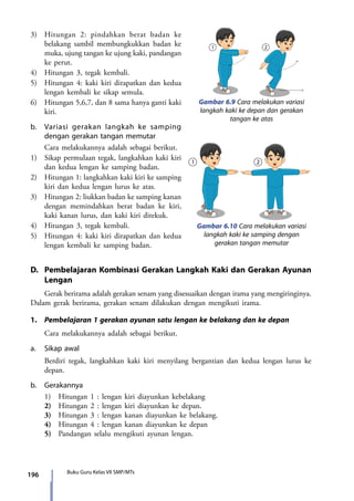 196 Buku Guru Kelas VII SMP/MTs
3)	 Hitungan 2: pindahkan berat badan ke
belakang sambil membungkukkan badan ke
muka, ujung tangan ke ujung kaki, pandangan
ke perut.
4)	 Hitungan 3, tegak kembali.
5)	 Hitungan 4: kaki kiri dirapatkan dan kedua
lengan kembali ke sikap semula.
6)	 Hitungan 5,6,7, dan 8 sama hanya ganti kaki
kiri.
b.	 Variasi gerakan langkah ke samping
dengan gerakan tangan memutar
	 Cara melakukannya adalah sebagai berikut.
1)	 Sikap permulaan tegak, langkahkan kaki kiri
dan kedua lengan ke samping badan.
2)	 Hitungan 1: langkahkan kaki kiri ke samping
kiri dan kedua lengan lurus ke atas.
3)	 Hitungan 2: liukkan badan ke samping kanan
dengan memindahkan berat badan ke kiri,
kaki kanan lurus, dan kaki kiri ditekuk.
4)	 Hitungan 3, tegak kembali.
5)	 Hitungan 4: kaki kiri dirapatkan dan kedua
lengan kembali ke samping badan.
Gambar 6.9 Cara melakukan variasi
langkah kaki ke depan dan gerakan
tangan ke atas
Gambar 6.10 Cara melakukan variasi
langkah kaki ke samping dengan
gerakan tangan memutar
D.	 Pembelajaran Kombinasi Gerakan Langkah Kaki dan Gerakan Ayunan
Lengan
	 Gerak berirama adalah gerakan senam yang disesuaikan dengan irama yang mengiringinya.
Dalam gerak berirama, gerakan senam dilakukan dengan mengikuti irama.
1.	 Pembelajaran 1 gerakan ayunan satu lengan ke belakang dan ke depan
	 Cara melakukannya adalah sebagai berikut.
a.	 Sikap awal
	 Berdiri tegak, langkahkan kaki kiri menyilang bergantian dan kedua lengan lurus ke
depan.
b.	Gerakannya
	 1)	 Hitungan 1 : lengan kiri diayunkan kebelakang
	2)	Hitungan 2 : lengan kiri diayunkan ke depan.
	3)	Hitungan 3 : lengan kanan diayunkan ke belakang.
	4)	Hitungan 4 : lengan kanan diayunkan ke depan
	5)	Pandangan selalu mengikuti ayunan lengan.
7_BG_PJOK_07062013_CMYK.indb 196 6/13/13 4:59 PM
 