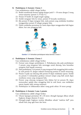 15Pendidikan Jasmani, Olahraga, dan Kesehatan
	 b)	 Pembelajaran 2: bermain 3 lawan 1
		 Cara melakukannya adalah sebagai berikut.
		 (1)	 Berdiri membentuk formasi segitiga dengan jarak 5 – 10 meter dengan 2 orang
teman-temanmu (pemain A, B dan C).
		 (2)	 Pemain D berdiri di tengah-tengah segitiga.
		 (3)	 Setelah mengoper bola ke teman, pemain D berusaha merebutnya.
		 (4)	 Jika pemain D dapat mengejar bola, maka pemain yang melakukan kesalahan
menggantikan pemain D sebagai pengejar bola.
		 (5)	 Dalam melakukan permainan ini, kamu dapat dapat menggunakan kaki bagian
dalam, luar atau punggung kaki.
Gambar 1.11 Perhatikan pembelajaran kedua bermain 3 lawan 1
A
A1
D
C
	 c)	 Pembelajaran 3: bermain 3 lawan 1
		 Cara melakukannya adalah sebagai berikut.
		 (1)	 Formasi sama dengan pembelajaran 2. Perbedaannya jika pada pembelajaran
2 pemain yang menguasai bola menunggu untuk diserang, baru kemudian
mengirim bola kepada temannya.
		 (2)	 Pada pembelajaran 3 ini pemain A yang menguasai bola menggiring bola tersebut
ke arah pemain D, dengan maksud memancing pemain D untuk menyerang.
		(3)	 Pemain A pada saat diserang oleh pemain D dapat melakukan operan. Setelah
itu pemain A melanjutkan geraknya mencari tempat yang baik untuk dapat
membantu teman yang menguasai bola.
		(4)	 Pemain yang sekarang menguasai bola (dalam hal ini pemain B), dapat
memutuskan apakah akan menggiring bola ke arah lawan, atau melakukan
operan kepada salah seorang temannya.
		 (5)	 Pembelajaran ini dilaksanakan dalam ruang gerak sekitar 10 meter persegi.
	
	 d)	 Pembelajaran 4: bermain 3 atau 4 pemain
		 Cara melakukannya adalah sebagai berikut.
		 (1)	 Ukuran lapangan permainan 30 x 20 meter. ditengah lapangan dibuat sebuah
lingkaran dengan diameter 8 meter.
		 (2)	 Ditengah-tengah lingkaran tersebut diletakkan sebuah “medicine ball” yaitu
sebuah bola yang agak besar dan berat.
7_BG_PJOK_07062013_CMYK.indb 15 6/13/13 4:58 PM
 