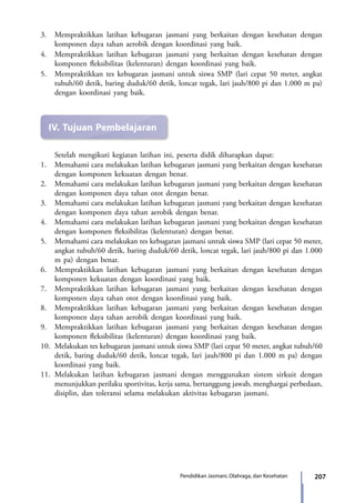 207Pendidikan Jasmani, Olahraga, dan Kesehatan
3.	 Mempraktikkan latihan kebugaran jasmani yang berkaitan dengan kesehatan dengan
komponen daya tahan aerobik dengan koordinasi yang baik.
4.	 Mempraktikkan latihan kebugaran jasmani yang berkaitan dengan kesehatan dengan
komponen fleksibilitas (kelenturan) dengan koordinasi yang baik.
5.	 Mempraktikkan tes kebugaran jasmani untuk siswa SMP (lari cepat 50 meter, angkat
tubuh/60 detik, baring duduk/60 detik, loncat tegak, lari jauh/800 pi dan 1.000 m pa)
dengan koordinasi yang baik.
IV.	Tujuan Pembelajaran
	 Setelah mengikuti kegiatan latihan ini, peserta didik diharapkan dapat:
1.	 Memahami cara melakukan latihan kebugaran jasmani yang berkaitan dengan kesehatan
dengan komponen kekuatan dengan benar.
2.	 Memahami cara melakukan latihan kebugaran jasmani yang berkaitan dengan kesehatan
dengan komponen daya tahan otot dengan benar.
3.	 Memahami cara melakukan latihan kebugaran jasmani yang berkaitan dengan kesehatan
dengan komponen daya tahan aerobik dengan benar.
4.	 Memahami cara melakukan latihan kebugaran jasmani yang berkaitan dengan kesehatan
dengan komponen fleksibilitas (kelenturan) dengan benar.
5.	 Memahami cara melakukan tes kebugaran jasmani untuk siswa SMP (lari cepat 50 meter,
angkat tubuh/60 detik, baring duduk/60 detik, loncat tegak, lari jauh/800 pi dan 1.000
m pa) dengan benar.
6.	 Mempraktikkan latihan kebugaran jasmani yang berkaitan dengan kesehatan dengan
komponen kekuatan dengan koordinasi yang baik.
7.	 Mempraktikkan latihan kebugaran jasmani yang berkaitan dengan kesehatan dengan
komponen daya tahan otot dengan koordinasi yang baik.
8.	 Mempraktikkan latihan kebugaran jasmani yang berkaitan dengan kesehatan dengan
komponen daya tahan aerobik dengan koordinasi yang baik.
9.	 Mempraktikkan latihan kebugaran jasmani yang berkaitan dengan kesehatan dengan
komponen fleksibilitas (kelenturan) dengan koordinasi yang baik.
10.	 Melakukan tes kebugaran jasmani untuk siswa SMP (lari cepat 50 meter, angkat tubuh/60
detik, baring duduk/60 detik, loncat tegak, lari jauh/800 pi dan 1.000 m pa) dengan
koordinasi yang baik.
11.	Melakukan latihan kebugaran jasmani dengan menggunakan sistem sirkuit dengan
menunjukkan perilaku sportivitas, kerja sama, bertanggung jawab, menghargai perbedaan,
disiplin, dan toleransi selama melakukan aktivitas kebugaran jasmani.
	
7_BG_PJOK_07062013_CMYK.indb 207 6/13/13 4:59 PM
 