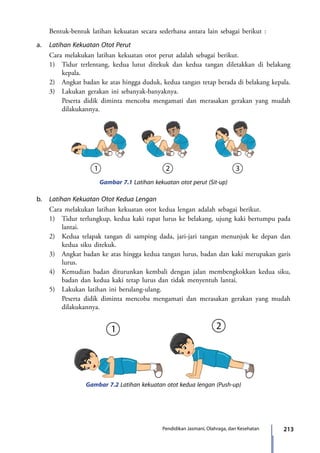 213Pendidikan Jasmani, Olahraga, dan Kesehatan
	 Bentuk-bentuk latihan kekuatan secara sederhana antara lain sebagai berikut :
a.	 Latihan Kekuatan Otot Perut
	 Cara melakukan latihan kekuatan otot perut adalah sebagai berikut.
	 1)	 Tidur terlentang, kedua lutut ditekuk dan kedua tangan diletakkan di belakang
kepala.
	 2)	 Angkat badan ke atas hingga duduk, kedua tangan tetap berada di belakang kepala.
	 3)	 Lakukan gerakan ini sebanyak-banyaknya.
		Peserta didik diminta mencoba mengamati dan merasakan gerakan yang mudah
dilakukannya.
Gambar 7.1 Latihan kekuatan otot perut (Sit-up)
b.	 Latihan Kekuatan Otot Kedua Lengan
	 Cara melakukan latihan kekuatan otot kedua lengan adalah sebagai berikut.
	 1)	 Tidur terlungkup, kedua kaki rapat lurus ke belakang, ujung kaki bertumpu pada
lantai.
	 2)	 Kedua telapak tangan di samping dada, jari-jari tangan menunjuk ke depan dan
kedua siku ditekuk.
	 3)	 Angkat badan ke atas hingga kedua tangan lurus, badan dan kaki merupakan garis
lurus.
	 4)	 Kemudian badan diturunkan kembali dengan jalan membengkokkan kedua siku,
badan dan kedua kaki tetap lurus dan tidak menyentuh lantai.
	 5)	 Lakukan latihan ini berulang-ulang.
		 Peserta didik diminta mencoba mengamati dan merasakan gerakan yang mudah
dilakukannya.
Gambar 7.2 Latihan kekuatan otot kedua lengan (Push-up)
7_BG_PJOK_07062013_CMYK.indb 213 6/13/13 4:59 PM
 