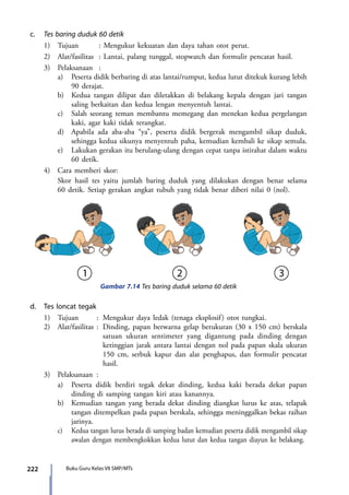 222 Buku Guru Kelas VII SMP/MTs
c.	 Tes baring duduk 60 detik
	 1)	 Tujuan		 : Mengukur kekuatan dan daya tahan otot perut.
	 2)	 Alat/fasilitas	 : Lantai, palang tunggal, stopwatch dan formulir pencatat hasil.
	 3)	 Pelaksanaan	:
		 a)	 Peserta didik berbaring di atas lantai/rumput, kedua lutut ditekuk kurang lebih
90 derajat.
		 b)	 Kedua tangan dilipat dan diletakkan di belakang kepala dengan jari tangan
saling berkaitan dan kedua lengan menyentuh lantai.
		 c)	 Salah seorang teman membantu memegang dan menekan kedua pergelangan
kaki, agar kaki tidak terangkat.
		 d)	 Apabila ada aba-aba “ya”, peserta didik bergerak mengambil sikap duduk,
sehingga kedua sikunya menyentuh paha, kemudian kembali ke sikap semula.
		 e)	 Lakukan gerakan itu berulang-ulang dengan cepat tanpa istirahat dalam waktu
60 detik.
	 4)	 Cara memberi skor:
		 Skor hasil tes yaitu jumlah baring duduk yang dilakukan dengan benar selama
60 detik. Setiap gerakan angkat tubuh yang tidak benar diberi nilai 0 (nol).
Gambar 7.14 Tes baring duduk selama 60 detik
d.	 Tes loncat tegak
	 1)	 Tujuan		 : 	Mengukur daya ledak (tenaga eksplosif) otot tungkai.
	 2)	 Alat/fasilitas	: 	Dinding, papan berwarna gelap berukuran (30 x 150 cm) berskala
satuan ukuran sentimeter yang digantung pada dinding dengan
ketinggian jarak antara lantai dengan nol pada papan skala ukuran
150 cm, serbuk kapur dan alat penghapus, dan formulir pencatat
hasil.
	 3)	 Pelaksanaan	:
		 a)	 Peserta didik berdiri tegak dekat dinding, kedua kaki berada dekat papan
dinding di samping tangan kiri atau kanannya.
		 b)	 Kemudian tangan yang berada dekat dinding diangkat lurus ke atas, telapak
tangan ditempelkan pada papan berskala, sehingga meninggalkan bekas raihan
jarinya.
		 c)	 Kedua tangan lurus berada di samping badan kemudian peserta didik mengambil sikap
awalan dengan membengkokkan kedua lutut dan kedua tangan diayun ke belakang.
7_BG_PJOK_07062013_CMYK.indb 222 6/13/13 4:59 PM
 