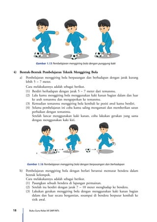 18 Buku Guru Kelas VII SMP/MTs
Gambar 1.15 Pembelajaran menggiring bola dengan punggung kaki
4)	 Bentuk-Bentuk Pembelajaran Teknik Menggiring Bola
	 a)	 Pembelajaran menggiring bola berpasangan dan berhadapan dengan jarak kurang
lebih 5 – 7 meter.
		 Cara melakukannya adalah sebagai berikut.
		 (1)	 Berdiri berhadapan dengan jarak 5 – 7 meter dari temanmu.
		 (2)	 Lalu kamu menggiring bola menggunakan kaki kanan bagian dalam dan luar
ke arah temanmu dan mengoperkan ke temanmu.
		 (3)	 Kemudian temanmu menggiring bola kembali ke posisi awal kamu berdiri.
		 (4)	 Selama pembelajaran ini coba kamu saling mengamati dan memberikan saran
perbaikan dengan temanmu.
			 Setelah lancar menggunakan kaki kanan, coba lakukan gerakan yang sama
dengan menggunakan kaki kiri.
Gambar 1.16 Pembelajaran menggiring bola dengan berpasangan dan berhadapan
A A A
B
	 b)	 Pembelajaran menggiring bola dengan berlari berantai memutar bendera dalam
bentuk kelompok.
		 Cara melakukannya adalah sebagai berikut.
		 (1)	 Pasangkan sebuah bendera di lapangan permainan.
		 (2)	 Setelah itu berdiri dengan jarak 7 – 10 meter menghadap ke bendera.
		 (3)	 Lakukan gerakan menggiring bola dengan menggunakan kaki kanan bagian
dalam dan luar secara bergantian, sesampai di bendera berputar kembali ke
titik awal.
7_BG_PJOK_07062013_CMYK.indb 18 6/13/13 4:58 PM
 