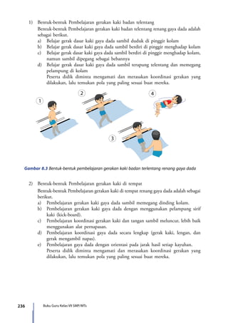 236 Buku Guru Kelas VII SMP/MTs
	 1)	 Bentuk-bentuk Pembelajaran gerakan kaki badan telentang
		 Bentuk-bentuk Pembelajaran gerakan kaki badan telentang renang gaya dada adalah
sebagai berikut.
		a)	 Belajar gerak dasar kaki gaya dada sambil duduk di pinggir kolam
		 b)	 Belajar gerak dasar kaki gaya dada sambil berdiri di pinggir menghadap kolam
		 c)	 Belajar gerak dasar kaki gaya dada sambil berdiri di pinggir menghadap kolam,
namun sambil dipegang sebagai bebannya
		 d)	 Belajar gerak dasar kaki gaya dada sambil terapung telentang dan memegang
pelampung di kolam
			Peserta didik diminta mengamati dan merasakan koordinasi gerakan yang
dilakukan, lalu temukan pola yang paling sesuai buat mereka.
Gambar 8.3 Bentuk-bentuk pembelajaran gerakan kaki badan terlentang renang gaya dada
	 2)	 Bentuk-bentuk Pembelajaran gerakan kaki di tempat
		 Bentuk-bentuk Pembelajaran gerakan kaki di tempat renang gaya dada adalah sebagai
berikut.
		a)	 Pembelajaran gerakan kaki gaya dada sambil memegang dinding kolam.
		 b)	 Pembelajaran gerakan kaki gaya dada dengan menggunakan pelampung sirif
kaki (kick-board).
		 c)	 Pembelajaran koordinasi gerakan kaki dan tangan sambil meluncur, lebih baik
menggunakan alat pernapasan.
		 d)	 Pembelajaran koordinasi gaya dada secara lengkap (gerak kaki, lengan, dan
gerak mengambil napas).
		 e)	 Pembelajaran gaya dada dengan orientasi pada jarak hasil setiap kayuhan.
			Peserta didik diminta mengamati dan merasakan koordinasi gerakan yang
dilakukan, lalu temukan pola yang paling sesuai buat mereka.
7_BG_PJOK_07062013_CMYK.indb 236 6/13/13 4:59 PM
 