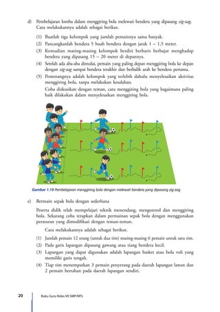 20 Buku Guru Kelas VII SMP/MTs
	 d)	 Pembelajaran lomba dalam menggiring bola melewati bendera yang dipasang zig-zag.
		 Cara melakukannya adalah sebagai berikut.
		 (1)	 Buatlah tiga kelompok yang jumlah pemainnya sama banyak.
		 (2)	 Pancangkanlah bendera 5 buah bendera dengan jarak 1 – 1,5 meter.
		 (3)	 Kemudian masing-masing kelompok berdiri berbaris berbajar menghadap
bendera yang dipasang 15 – 20 meter di depannya.
		 (4)	 Setelah ada aba-aba dimulai, pemain yang paling depan menggiring bola ke depan
dengan zig-zag sampai bendera terakhir dan berbalik arah ke bendera pertama.
		 (5)	 Pemenangnya adalah kelompok yang terlebih dahulu menyelesaikan aktivitas
menggiring bola, tanpa melakukan kesalahan.
			 Coba diskusikan dengan teman, cara menggiring bola yang bagaimana paling
baik dilakukan dalam menyelesaikan menggiring bola.
Gambar 1.19 Pembelajaran menggiring bola dengan melewati bendera yang dipasang zig-zag
	 e)	 Bermain sepak bola dengan sederhana
		 Peserta didik telah mempelajari teknik menendang, mengontrol dan menggiring
bola. Sekarang coba terapkan dalam permainan sepak bola dengan menggunakan
peraturan yang dimodifikasi dengan teman-teman.
			 Cara melakukannya adalah sebagai berikut.
		 (1)	 Jumlah pemain 12 orang (untuk dua tim) masing-masing 6 pemain untuk satu tim.
		 (2)	 Pada garis lapangan dipasang gawang atau tiang bendera kecil.
		 (3)	 Lapangan yang dapat digunakan adalah lapangan basket atau bola voli yang
memiliki garis tengah.
		 (4)	 Tiap tim menempatkan 3 pemain penyerang pada daerah lapangan lawan dan
2 pemain bertahan pada daerah lapangan sendiri.
7_BG_PJOK_07062013_CMYK.indb 20 6/13/13 4:58 PM
 