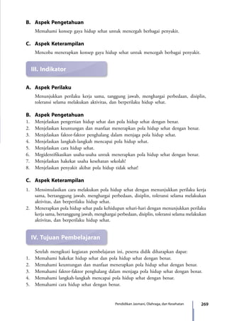269Pendidikan Jasmani, Olahraga, dan Kesehatan
B.	 Aspek Pengetahuan
	 Memahami konsep gaya hidup sehat untuk mencegah berbagai penyakit.
C.	 Aspek Keterampilan
	 Mencoba menerapkan konsep gaya hidup sehat untuk mencegah berbagai penyakit.
III.	Indikator
A.	 Aspek Perilaku
Menunjukkan perilaku kerja sama, tanggung jawab, menghargai perbedaan, disiplin,
toleransi selama melakukan aktivitas, dan berperilaku hidup sehat.
B.	 Aspek Pengetahuan
1.	 Menjelaskan pengertian hidup sehat dan pola hidup sehat dengan benar.
2.	 Menjelaskan keuntungan dan manfaat menerapkan pola hidup sehat dengan benar.
3.	 Menjelaskan faktor-faktor penghalang dalam menjaga pola hidup sehat.
4.	 Menjelaskan langkah-langkah mencapai pola hidup sehat.
5.	 Menjelaskan cara hidup sehat.
6.	 Megidentifikasikan usaha-usaha untuk menerapkan pola hidup sehat dengan benar.
7.	 Menjelaskan hakekat usaha kesehatan sekolah!
8.	 Menjelaskan penyakit akibat pola hidup tidak sehat!
C.	 Aspek Keterampilan
1.	 Mensimulasikan cara melakukan pola hidup sehat dengan menunjukkan perilaku kerja
sama, bertanggung jawab, menghargai perbedaan, disiplin, toleransi selama melakukan
aktivitas, dan berperilaku hidup sehat.
2.	 Menerapkan pola hidup sehat pada kehidupan sehari-hari dengan menunjukkan perilaku
kerja sama, bertanggung jawab, menghargai perbedaan, disiplin, toleransi selama melakukan
aktivitas, dan berperilaku hidup sehat.
IV.	Tujuan Pembelajaran
	 Setelah mengikuti kegiatan pembelajaran ini, peserta didik diharapkan dapat:
1.	 Memahami hakekat hidup sehat dan pola hidup sehat dengan benar.
2.	 Memahami keuntungan dan manfaat menerapkan pola hidup sehat dengan benar.
3.	 Memahami faktor-faktor penghalang dalam menjaga pola hidup sehat dengan benar.
4.	 Memahami langkah-langkah mencapai pola hidup sehat dengan benar.
5.	 Memahami cara hidup sehat dengan benar.
7_BG_PJOK_07062013_CMYK.indb 269 6/13/13 4:59 PM
 