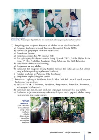 281Pendidikan Jasmani, Olahraga, dan Kesehatan
(Sumber: Dok. Kemdikbud)
Gambar 10.2 Kegiatan yang dapat dilakukan oleh peserta didik dalam program Usaha Kesehatan Sekolah
2)	 Penyelenggaraan pelayanan Kesehatan di sekolah antara lain dalam bentuk:
a)	 Pelayanan kesehatan; termasuk Kesehatan Reproduksi Remaja (KRR).
b)	Pemeriksaan penjaringan kesehatan peserta didik.
c)	 Pemeriksaan berkala.
d)	Pengobatan ringan dan P3K maupun P3P.
e)	 Pencegahan penyakit (Pemberantasan Sarang Nyamuk (PSN); Perilaku Hidup Bersih
Sehat. (PHBS); Pendidikan Kecakapan Hidup Sehat atau Life Skills Education.
f)	 Penyuluhan kesehatan dan konseling.
g)	Pengawasan warung sekolah.
h)	Pencatatan dan pelaporan tentang keadaan penyakit dan status gizi dan hal lainnya
yang berhubungan dengan pelayanan kesehatan.
i)	 Rujukan kesehatan ke Puskesmas (Jika diperlukan).
j)	 Pengukuran tingkat kebugaran jasmani.
3)	 Pembinaan Lingkungan Kehidupan Sekolah Sehat, baik fisik, mental, sosial maupun
lingkungan yang meliputi:
a) 	Pelaksanaan 7K (kebersihan, keindahan, kenyamanan, ketertiban, keamanan,
kerindangan, kekeluargaan).
b)	Pembinaan dan pemeliharaan kesehatan lingkungan termasuk bebas asap rokok.
c)	 Pembinaan kerja sama antar masyarakat sekolah (guru, murid, pegawai sekolah, orang
tua murid dan masyarakat sekitar).
(Sumber: Dok.
Kemdikbud)
Gambar 10.3
Salah satu usaha
mencuci tangan
setiap selesai
melakukan
aktivitas
dalam rangka
memelihara
dan menjaga
kesehatan
7_BG_PJOK_07062013_CMYK.indb 281 6/13/13 4:59 PM
 