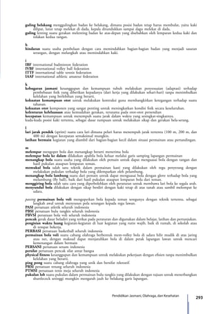 293Pendidikan Jasmani, Olahraga, dan Kesehatan
guling belakang menggulingkan badan ke belakang, dimana posisi badan tetap harus membulat, yaitu kaki
dilipat, lutut tetap melekat di dada, kepala ditundukkan sampai dagu melekat di dada.
guling lenting suatu gerakan melenting badan ke atas-depan yang disebabkan oleh lemparan kedua kaki dan
tolakan kedua tangan.
h
hindaran suatu usaha pembelaan dengan cara memindahkan bagian-bagian badan yang menjadi sasaran
serangan, dengan melangkah atau memindahkan kaki.
i
IBF international badminton federation
IVBF international volley ball federation
ITTF international table tennis federation
IAAF international athletic amateur federation
k
kebugaran jasmani kesanggupan dan kemampuan tubuh melakukan penyesuaian (adaptasi) terhadap
pembebasan fisik yang diberikan kepadanya (dari kerja yang dilakukan sehari-hari) tanpa menimbulkan
kelelahan yang berlebihan yang berarti.
kekuatan kemampuan otot untuk melakukan kontraksi guna membangkitkan ketegangan terhadap suatu
tahanan.
kekuatan otot komponen yang sangat penting untuk meningkatkan kondisi fisik secara keseluruhan.
kelenturan keleluasaan atau kemudahan gerakan, terutama pada otot-otot persendian
kecepatan kemampuan untuk menempuh suatu jarak dalam waktu yang sesingkat-singkatnya.
kuda-kuda posisi kaki tertentu, sebagai dasar tumpuan untuk melakukan sikap dan gerakan bela-serang.
l
lari jarak pendek (sprint) suatu cara lari dimana pelari harus menempuh jarak tertentu (100 m, 200 m, dan
400 m) dengan kecepatan semaksimal mungkin.
latihan bermain kegiatan yang diambil dari bagian-bagian kecil dalam situasi permainan atau pertandingan.
m
melempar mengoper bola dan menangkap berarti menerima bola
melempar bola ke dalam dilakukan apabila bola keluar melalui garis samping lapangan permainan
menangkap bola suatu usaha yang dilakukan oleh pemain untuk dapat menguasai bola dengan tangan dan
hasil pukulan ataupun lemparan teman.
memukul bola salah satu teknik dalam permainan kasti yang dilakukan oleh regu penyerang dengan
melakukan pukulan terhadap bola yang dilemparkan oleh pelambung.
menangkap bola lambung suatu dari pemain untuk dapat menguasai bola dengan glove terhadap bola yang
melambung (fly ball), baik dari hasil pukulan ataupun lemparan bola dari teman.
menggiring bola salah satu cara yang diperbolehkan oleh peraturan untuk membawa lari bola ke segala arah.
menyundul bola dilakukan dengan sikap berdiri dengan kaki tetap di atas tanah atau sambil melompat ke
udara.
passing permainan bola voli mengoperkan bola kepada teman seregunya dengan teknik tertentu, sebagai
langkah awal untuk menyusun pola serangan kepada regu lawan.
PASI persatuan atletik seluruh indonesia
PBSI persatuan bulu tangkis seluruh indonesia
PBVSI persatuan bola voli seluruh indonesia
pencak gerak dasar beladiri yang terikat pada peraturan dan digunakan dalam belajar, latihan dan pertunjukan.
pengisian waktu luang kegiatan-kegiatan di luar kegiatan yang rutin wajib, baik di rumah, di sekolah atau
di tempat bekerja.
PERBASI persatuan basketball seluruh indonesia
permainan bola voli suatu cabang olahraga berbentuk mem-volley bola di udara hilir mudik di atas jaring
atau net, dengan maksud dapat menjatuhkan bola di dalam petak lapangan lawan untuk mencari
kemenangan dalam bermain
PERSANI persatuan senam indonesia
persilat persatuan pencak silat antar bangsa
physical fitness kesanggupan dan kemampuan untuk melakukan pekerjaan dengan efisien tanpa menimbulkan
kelelahan yang berarti.
ping pong suatu cabang olahraga yang unik dan bersifat rekreatif.
PRSI persatuan renang seluruh indonesia
PTMSI persatuan tenis meja seluruh indonesia
pukulan lob suatu pukulan dalam permainan bulu tangkis yang dilakukan dengan tujuan untuk menerbangkan
shuttlecock setinggi mungkin mengarah jauh ke belakang garis lapangan.
7_BG_PJOK_07062013_CMYK.indb 293 6/13/13 4:59 PM
 