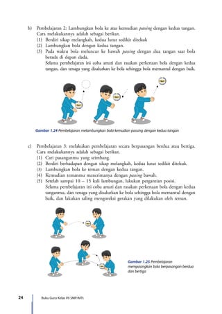 24 Buku Guru Kelas VII SMP/MTs
	 b)	 Pembelajaran 2: Lambungkan bola ke atas kemudian passing dengan kedua tangan.
Cara melakukannya adalah sebagai berikut.
		 (1)	 Berdiri sikap melangkah, kedua lutut sedikit ditekuk
		 (2)	 Lambungkan bola dengan kedua tangan.
		 (3)	 Pada waktu bola meluncur ke bawah passing dengan dua tangan saat bola
berada di depan dada.
			Selama pembelajaran ini coba amati dan rasakan perkenaan bola dengan kedua
tangan, dan tenaga yang disalurkan ke bola sehingga bola memantul dengan baik.
Gambar 1.24 Pembelajaran melambungkan bola kemudian passing dengan kedua tangan
	 c)	 Pembelajaran 3: melakukan pembelajaran secara berpasangan berdua atau bertiga.
Cara melakukannya adalah sebagai berikut.
		 (1)	 Cari pasanganmu yang seimbang.
		 (2)	 Berdiri berhadapan dengan sikap melangkah, kedua lutut sedikit ditekuk.
		(3)	Lambungkan bola ke teman dengan kedua tangan.
		 (4)	 Kemudian temanmu menerimanya dengan passing bawah.
		 (5)	 Setelah sampai 10 – 15 kali lambungan, lakukan pergantian posisi.
			Selama pembelajaran ini coba amati dan rasakan perkenaan bola dengan kedua
tanganmu, dan tenaga yang disalurkan ke bola sehingga bola memantul dengan
baik, dan lakukan saling mengoreksi gerakan yang dilakukan oleh teman.
Gambar 1.25 Pembelajaran
mempasingkan bola berpasangan berdua
dan bertiga
7_BG_PJOK_07062013_CMYK.indb 24 6/13/13 4:58 PM
 