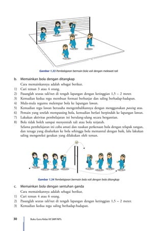 30 Buku Guru Kelas VII SMP/MTs
Gambar 1.33 Pembelajaran bermain bola voli dengan melewati tali
6 m
6 m
b.	 Memainkan bola dengan ditangkap
	 Cara memainkannya adalah sebagai berikut.
1)	 Cari teman 3 atau 4 orang.
2)	 Pasanglah seutas tali/net di tengah lapangan dengan ketinggian 1,5 – 2 meter.
3)	 Kemudian kedua regu membuat formasi berbanjar dan saling berhadap-hadapan.
4)	 Mula-mula regumu melempar bola ke lapangan lawan.
5)	 Kemudian regu lawan berusaha mengembalikannya dengan menggunakan passing atas.
6)	 Pemain yang setelah mempassing bola, kemudian berlari berpindah ke lapangan lawan.
7)	 Lakukan aktivitas pembelajaran ini berulang-ulang secara bergantian.
8)	 Bola tidak boleh sampai menyentuh tali atau bola terjatuh.
	Selama pembelajaran ini coba amati dan rasakan perkenaan bola dengan telapak tangan,
dan tenaga yang disalurkan ke bola sehingga bola memantul dengan baik, lalu lakukan
saling mengoreksi gerakan yang dilakukan oleh teman.
Gambar 1.34 Pembelajaran bermain bola voli dengan bola ditangkap
c.	 Memainkan bola dengan sentuhan ganda
	 Cara memainkannya adalah sebagai berikut.
1)	 Cari teman 4 atau 6 orang.
2)	 Pasanglah seutas tali/net di tengah lapangan dengan ketinggian 1,5 – 2 meter.
3)	 Kemudian kedua regu saling berhadap-hadapan.
7_BG_PJOK_07062013_CMYK.indb 30 6/13/13 4:58 PM
 