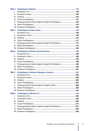 vPendidikan Jasmani, Olahraga, dan Kesehatan
Bab 4  Pembelajaran Beladiri..........................................................................................................149
	 I.	 Kompetensi Inti..........................................................................................................................149
	 II.	 Kompetensi Dasar......................................................................................................................149
	 III.	Indikator........................................................................................................................................150
	 IV.	 Tujuan Pembelajaran................................................................................................................151
	 V.	 Pengorganisasian Kelas/Langkah-Langkah Pembelajaran........................................152
	 VI.	 Materi Pembelajaran.................................................................................................................153
	 VII.	 Penilaian Pembelajaran...........................................................................................................166
Bab 5  Pembelajaran Senam Lantai.............................................................................................169
	 I.	 Kompetensi Inti..........................................................................................................................169
	 II.	 Kompetensi Dasar......................................................................................................................169
	 III.	Indikator........................................................................................................................................170
	 IV.	 Tujuan Pembelajaran................................................................................................................171
	 V.	 Pengorganisasian Kelas/Langkah-Langkah Pembelajaran........................................171
	 VI.	 Materi Pembelajaran.................................................................................................................173
	 VII.	 Penilaian Pembelajaran...........................................................................................................182
Bab 6  Pembelajaran Aktivitas Gerak Berirama....................................................................186
	 I.	 Kompetensi Inti..........................................................................................................................186
	 II.	 Kompetensi Dasar......................................................................................................................186
	 III.	Indikator........................................................................................................................................187
	 IV.	 Tujuan Pembelajaran................................................................................................................188
	 V.	 Pengorganisasian Kelas/Langkah-Langkah Pembelajaran........................................189
	 VI.	 Materi Pembelajaran.................................................................................................................190
	 VII.	 Penilaian Pembelajaran...........................................................................................................201
Bab 7  Pembelajaran Aktivitas Kebugaran Jasmani............................................................205
	 I.	 Kompetensi Inti..........................................................................................................................205
	 II.	 Kompetensi Dasar......................................................................................................................205
	 III.	Indikator........................................................................................................................................206
	 IV.	 Tujuan Pembelajaran................................................................................................................207
	 V.	 Pengorganisasian Kelas/Langkah-Langkah Latihan.....................................................208
	 VI.	 Materi Pembelajaran.................................................................................................................209
	 VII.	 Penilaian Pembelajaran...........................................................................................................224
Bab 8  Pembelajaran Aktivitas Air................................................................................................229
	 I.	 Kompetensi Inti..........................................................................................................................229
	 II.	 Kompetensi Dasar......................................................................................................................229
	 III.	Indikator........................................................................................................................................230
	 IV.	 Tujuan Pembelajaran................................................................................................................231
	 V.	 Pengorganisasian Kelas/Langkah-Langkah Pembelajaran........................................231
	 VI.	 Materi Pembelajaran.................................................................................................................233
	 VII.	 Penilaian Pembelajaran...........................................................................................................246
7_BG_PJOK_07062013_CMYK.indb 5 6/13/13 4:58 PM
 