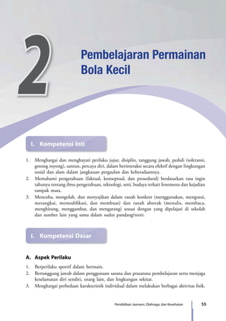 55Pendidikan Jasmani, Olahraga, dan Kesehatan
I.	 Kompetensi Inti
I.	 Kompetensi Dasar
1.	 Menghargai dan menghayati perilaku jujur, disiplin, tanggung jawab, peduli (toleransi,
gotong royong), santun, percaya diri, dalam berinteraksi secara efektif dengan lingkungan
sosial dan alam dalam jangkauan pergaulan dan keberadaannya.
2.	 Memahami pengetahuan (faktual, konseptual, dan prosedural) berdasarkan rasa ingin
tahunya tentang ilmu pengetahuan, teknologi, seni, budaya terkait fenomena dan kejadian
tampak mata.
3.	 Mencoba, mengolah, dan menyajikan dalam ranah konkret (menggunakan, mengurai,
merangkai, memodifikasi, dan membuat) dan ranah abstrak (menulis, membaca,
menghitung, menggambar, dan mengarang) sesuai dengan yang dipelajari di sekolah
dan sumber lain yang sama dalam sudut pandang/teori.
A.	 Aspek Perilaku
1.	 Berperilaku sportif dalam bermain.
2.	 Bertanggung jawab dalam penggunaan sarana dan prasarana pembelajaran serta menjaga
keselamatan diri sendiri, orang lain, dan lingkungan sekitar.
3.	 Menghargai perbedaan karakteristik individual dalam melakukan berbagai aktivitas fisik.
2 Pembelajaran Permainan
Bola Kecil
7_BG_PJOK_07062013_CMYK.indb 55 6/13/13 4:58 PM
 