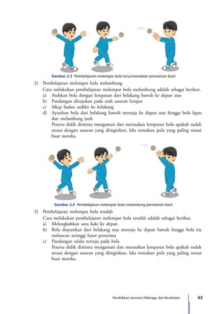 63Pendidikan Jasmani, Olahraga, dan Kesehatan
Gambar 2.3 Pembelajaran melempar bola lurus/mendatar permainan kasti
	 2)	 Pembelajaran melempar bola melambung
		 Cara melakukan pembelajaran melempar bola melambung adalah sebagai berikut.
		 a)	 Arahkan bola dengan lemparan dari belakang bawah ke depan atas
		 b)	 Pandangan ditujukan pada arah sasaran lempar
		 c)	 Sikap badan sedikit ke belakang
		 d)	 Ayunkan bola dari belakang bawah menuju ke depan atas hingga bola lepas
dan melambung jauh
			 Peserta didik diminta mengamati dan merasakan lemparan bola apakah sudah
sesuai dengan sasaran yang diinginkan, lalu temukan pola yang paling sesuai
buat mereka.
Gambar 2.4 Pembelajaran melempar bola melambung permainan kasti
	 3)	 Pembelajaran melempar bola rendah
		 Cara melakukan pembelajaran melempar bola rendah adalah sebagai berikut.
		 a)	 Melangkahkan satu kaki ke depan
		 b)	 Bola diayunkan dari belakang atas menuju ke depan bawah hingga bola itu
meluncur setinggi lutut penerima
		 c)	 Pandangan selalu tertuju pada bola
			 Peserta didik diminta mengamati dan merasakan lemparan bola apakah sudah
sesuai dengan sasaran yang diinginkan, lalu temukan pola yang paling sesuai
buat mereka.
7_BG_PJOK_07062013_CMYK.indb 63 6/13/13 4:58 PM
 