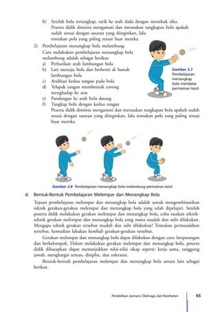 65Pendidikan Jasmani, Olahraga, dan Kesehatan
		 h)	 Setelah bola tertangkap, tarik ke arah dada dengan menekuk siku.
			 Peserta didik diminta mengamati dan merasakan tangkapan bola apakah
sudah sesuai dengan sasaran yang diinginkan, lalu
temukan pola yang paling sesuai buat mereka.
	 2)	 Pembelajaran menangkap bola melambung
		 Cara melakukan pembelajaran menangkap bola 		
		 melambung adalah sebagai berikut.
		 a)	 Perhatikan arah lambungan bola
		b)	Lari menuju bola dan berhenti di bawah 		
			lambungan bola
		 c)	 Arahkan kedua tangan pada bola
		 d)	 Telapak tangan membentuk corong 		
			menghadap ke atas
		 e)	 Pandangan ke arah bola datang
		 f)	 Tangkap bola dengan kedua tangan
			 Peserta didik diminta mengamati dan merasakan tangkapan bola apakah sudah
sesuai dengan sasaran yang diinginkan, lalu temukan pola yang paling sesuai
buat mereka.
Gambar 2.8 Pembelajaran menangkap bola melambung permainan kasti
d.	 Bentuk-Bentuk Pembelajaran Melempar dan Menangkap Bola
	 Tujuan pembelajaran melempar dan menangkap bola adalah untuk mengombinasikan
teknik gerakan-gerakan melempar dan menangkap bola yang telah dipelajari. Setelah
peserta didik melakukan gerakan melempar dan menangkap bola, coba rasakan teknik-
teknik gerakan melempar dan menangkap bola yang mana mudah dan sulit dilakukan.
Mengapa teknik gerakan tersebut mudah dan sulit dilakukan? Temukan permasalahan
tersebut, kemudian lakukan kembali gerakan-gerakan tersebut.
		 Gerakan melempar dan menangkap bola dapat dilakukan dengan cara: berpasangan
dan berkelompok. Dalam melakukan gerakan melempar dan menangkap bola, peserta
didik diharapkan dapat menunjukkan nilai-nilai sikap seperti: kerja sama, tanggung
jawab, menghargai teman, disiplin, dan toleransi.
		 Bentuk-bentuk pembelajaran melempar dan menangkap bola antara lain sebagai
berikut.
Gambar 2.7
Pembelajaran
menangkap
bola mendatar
permainan kasti
7_BG_PJOK_07062013_CMYK.indb 65 6/13/13 4:58 PM
 